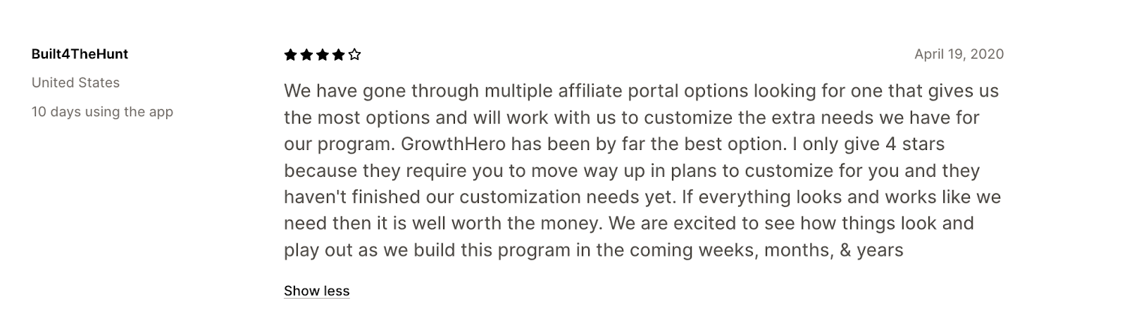 Shopify app store review for GrowthHero affiliate app