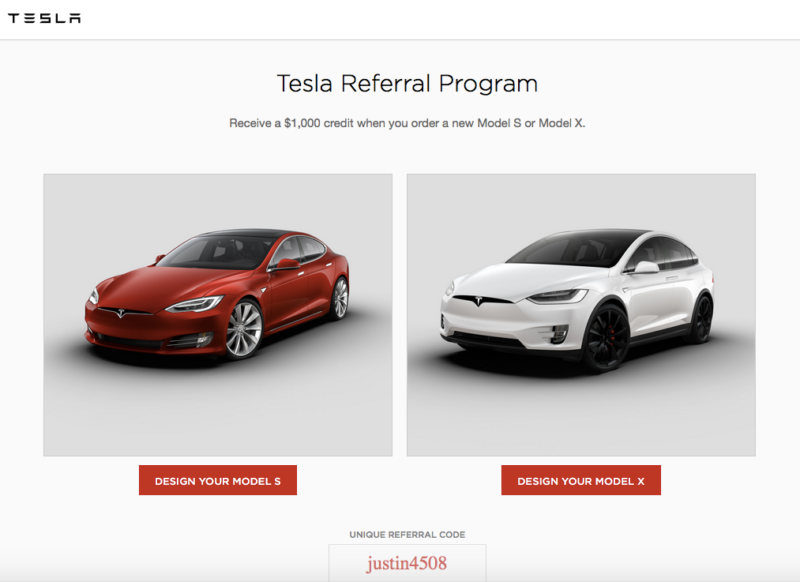 Tesla’s referral page offering a $1,000 credit for new Model S or Model X purchases.