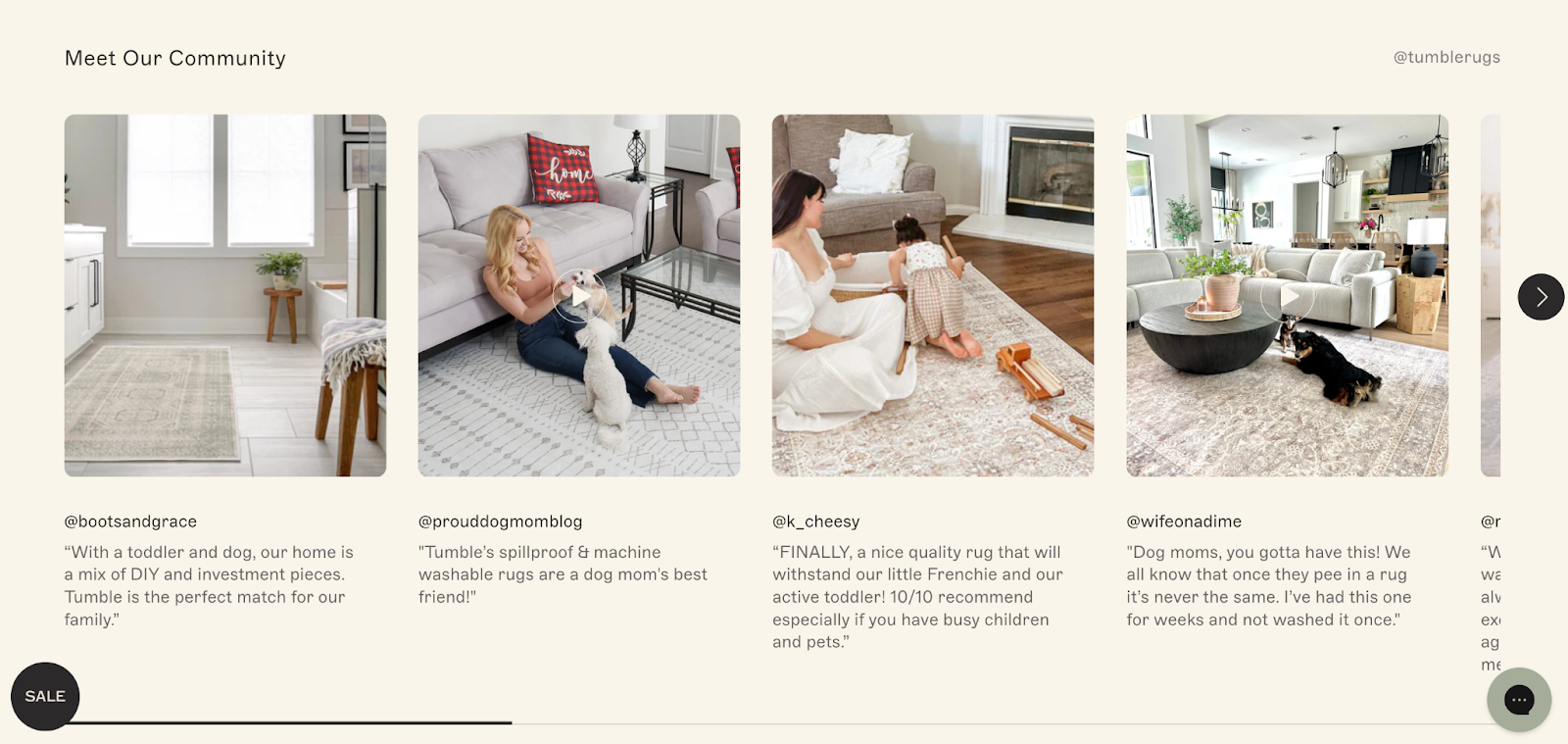A visual carousel of user-generated photos and testimonials for Tumble Rugs, featuring home interiors with kids and pets. 