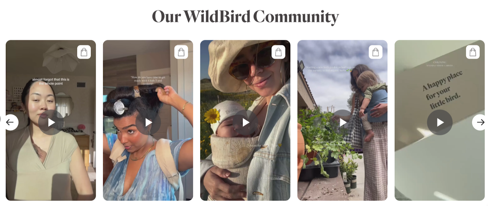 Five UGC video previews from WildBird's customer community, featuring diverse moms using baby carriers in real-life moments