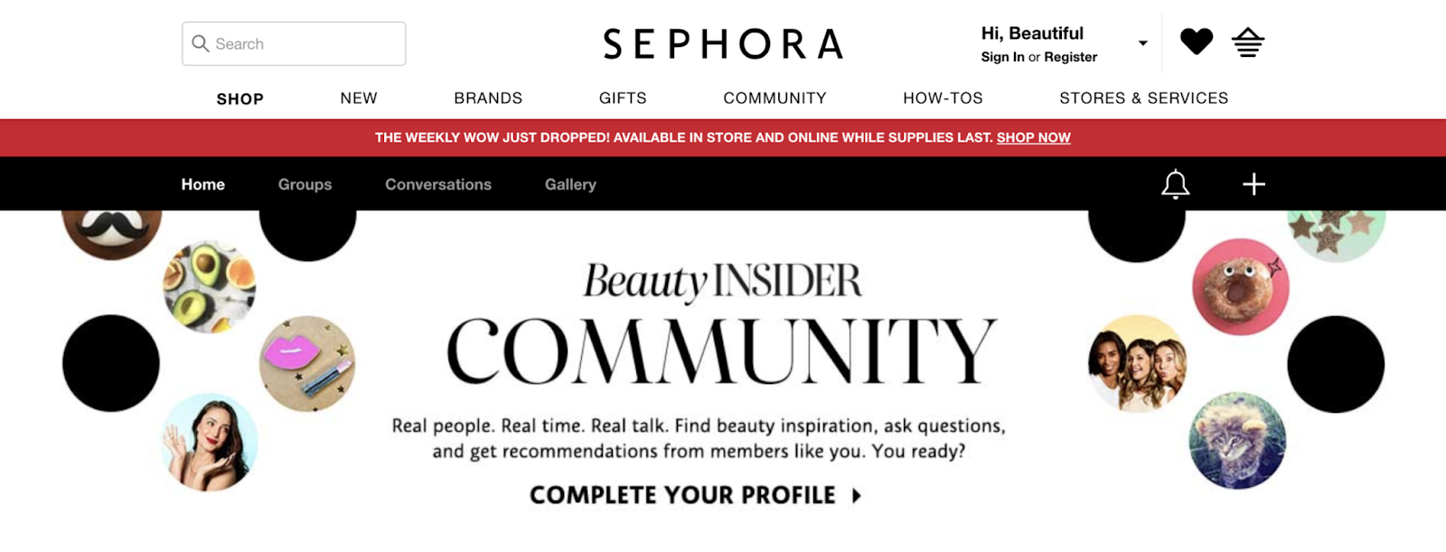 Webpage for Sephora’s Beauty Insider Community, with circular avatars and a headline inviting users to join.