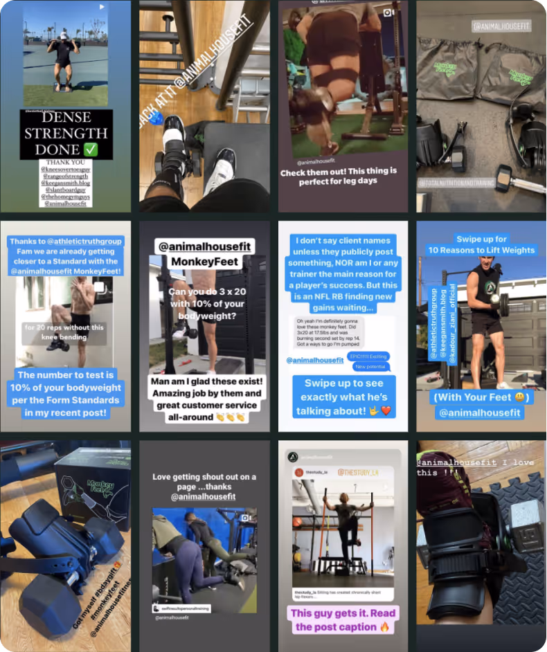 A collage of Instagram stories from fitness influencers using “MonkeyFeet” gear from Animalhousefit.