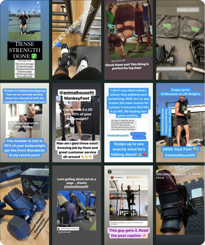A collage of Instagram stories from fitness influencers using “MonkeyFeet” gear from Animalhousefit.