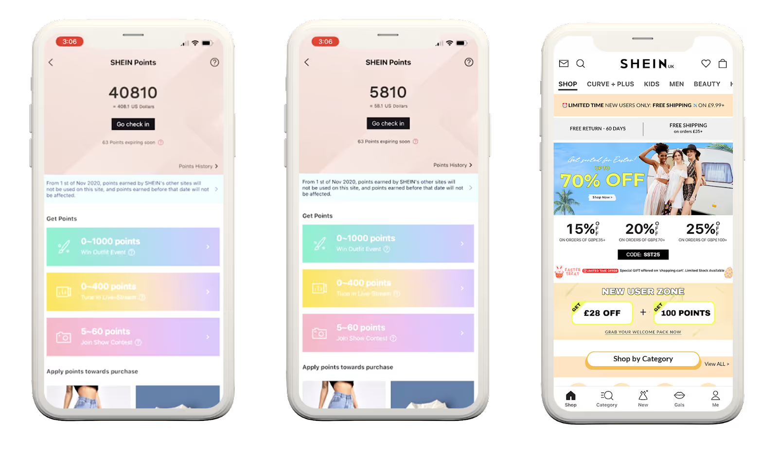 Three mobile screens showing the SHEIN app.