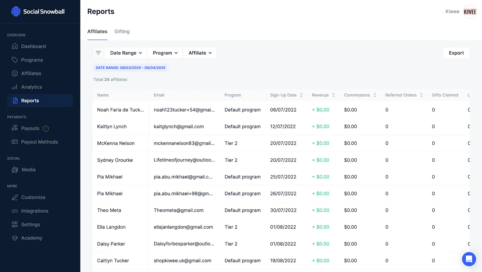 social snowball dashboard for automated influencer partnerships