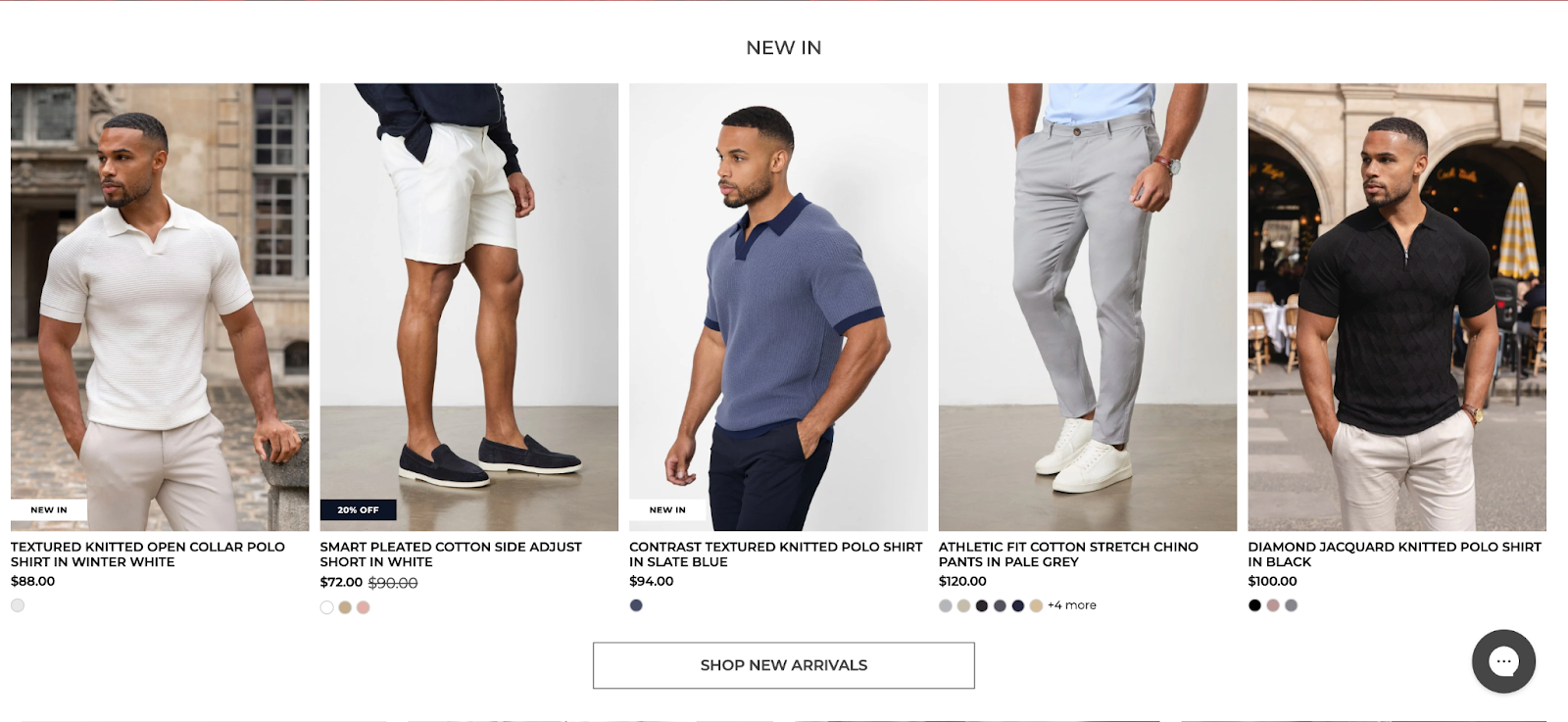 Tailored Athlete new arrivals section showcasing men’s fitted polo shirts, chino shorts, and athletic-fit pants styled by muscular models.