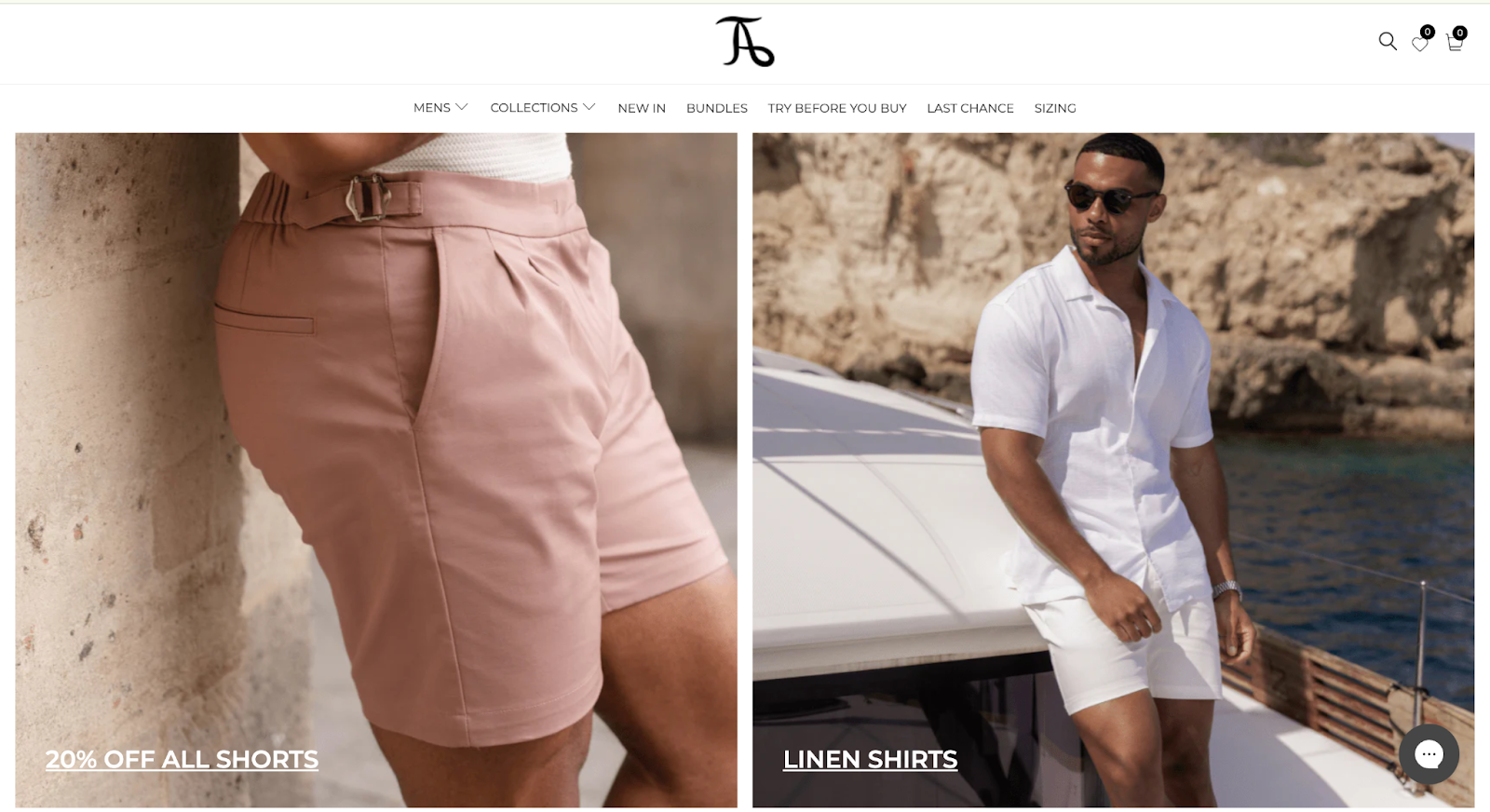 Tailored Athlete promotional image featuring close-up of pleated pink shorts and lifestyle shot of a model in white linen shirt on a yacht.