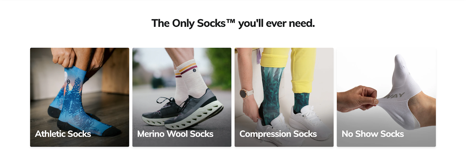 Product display from Outway featuring four core categories: Athletic Socks, Merino Wool Socks, Compression Socks, and No Show Socks.