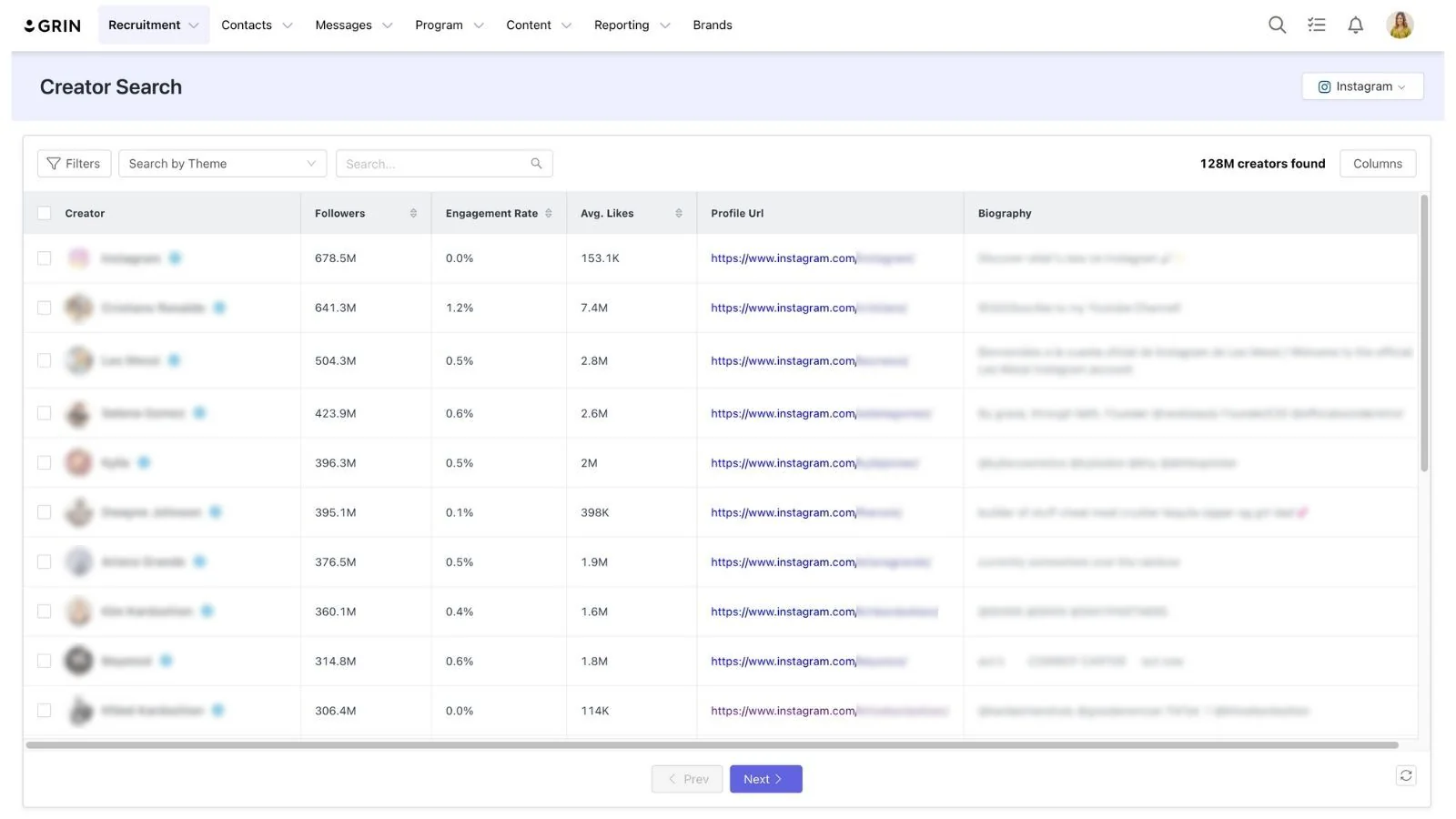 Grin creator search dashboard
