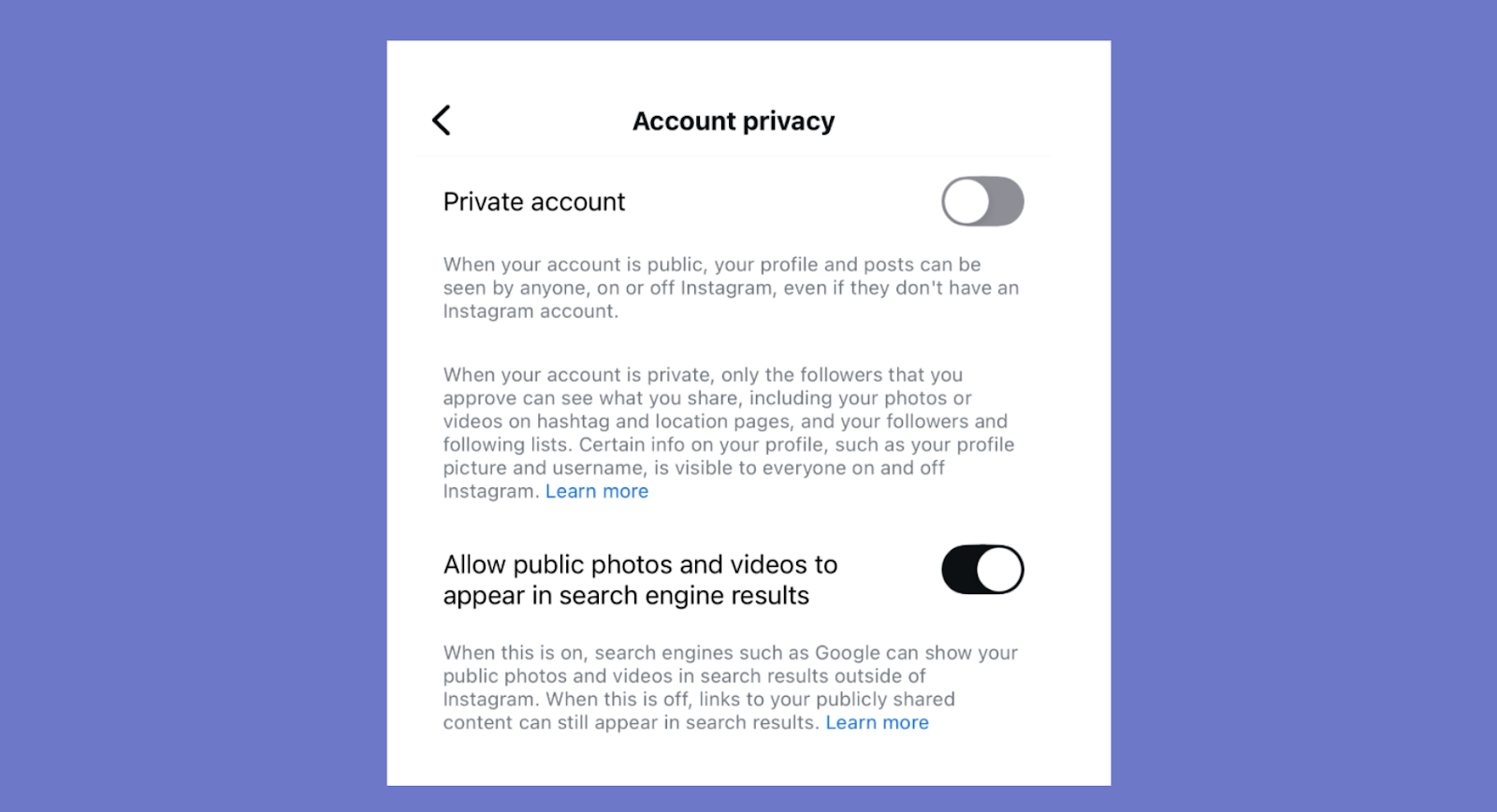 Instagram account privacy settings screen showing a toggle for “Allow public photos and videos to appear in search engine results.”