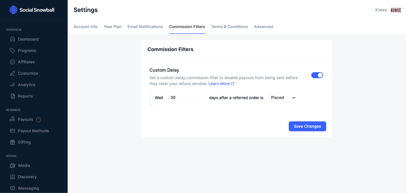 Time delay on commission payout to avoid affiliate abuse