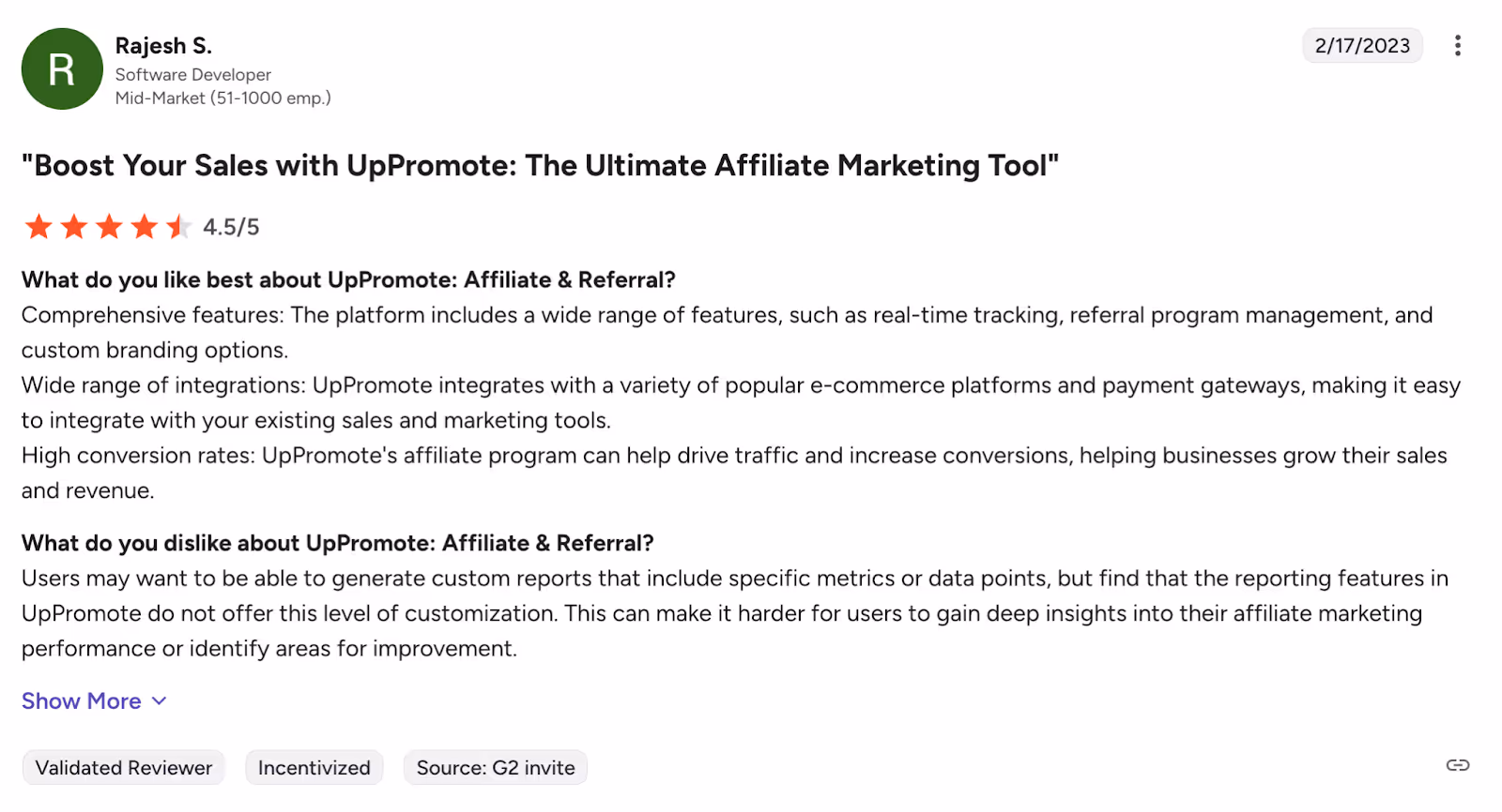 UpPromote review on G2
