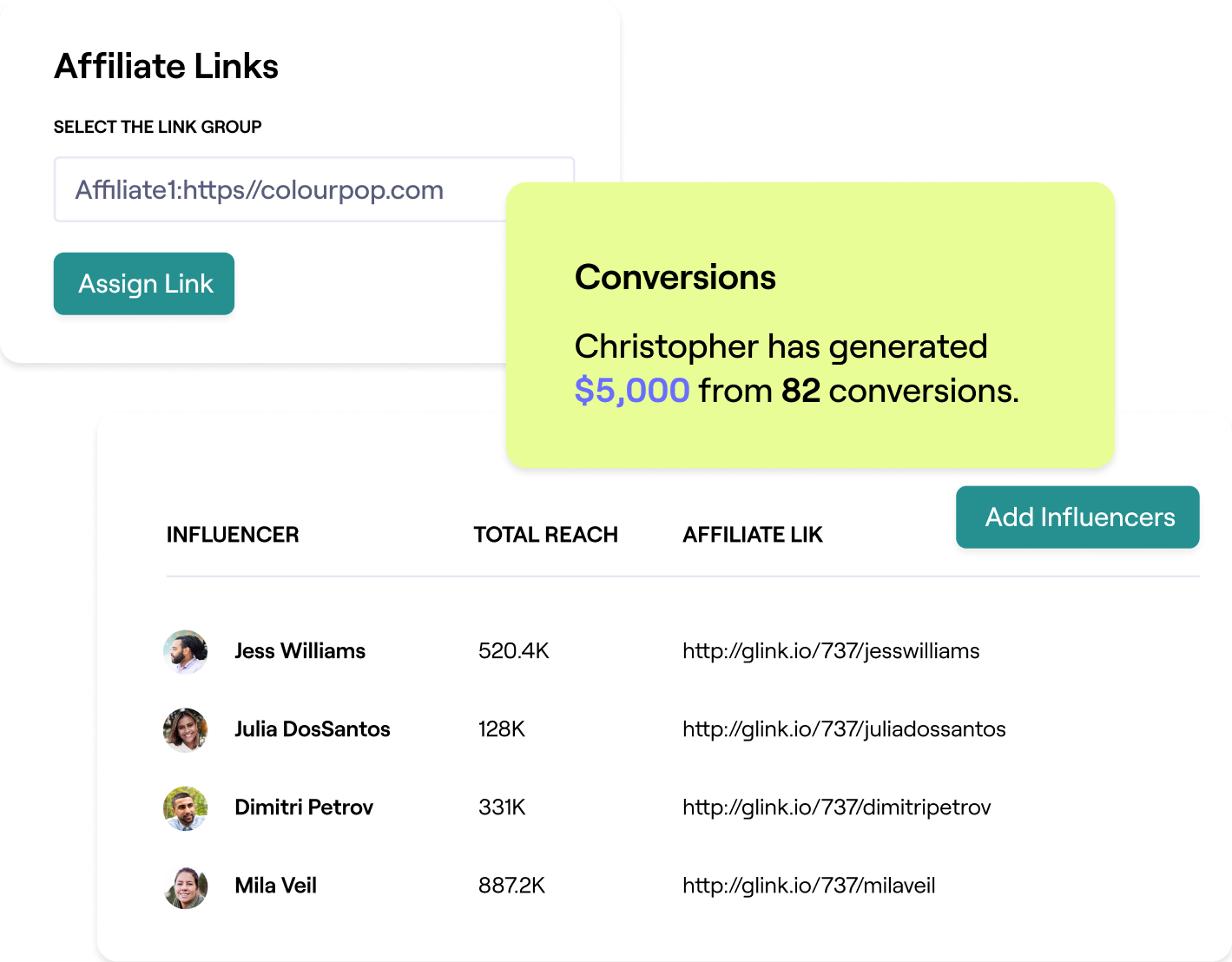 Screenshot of Grin's affiliate dashboard
