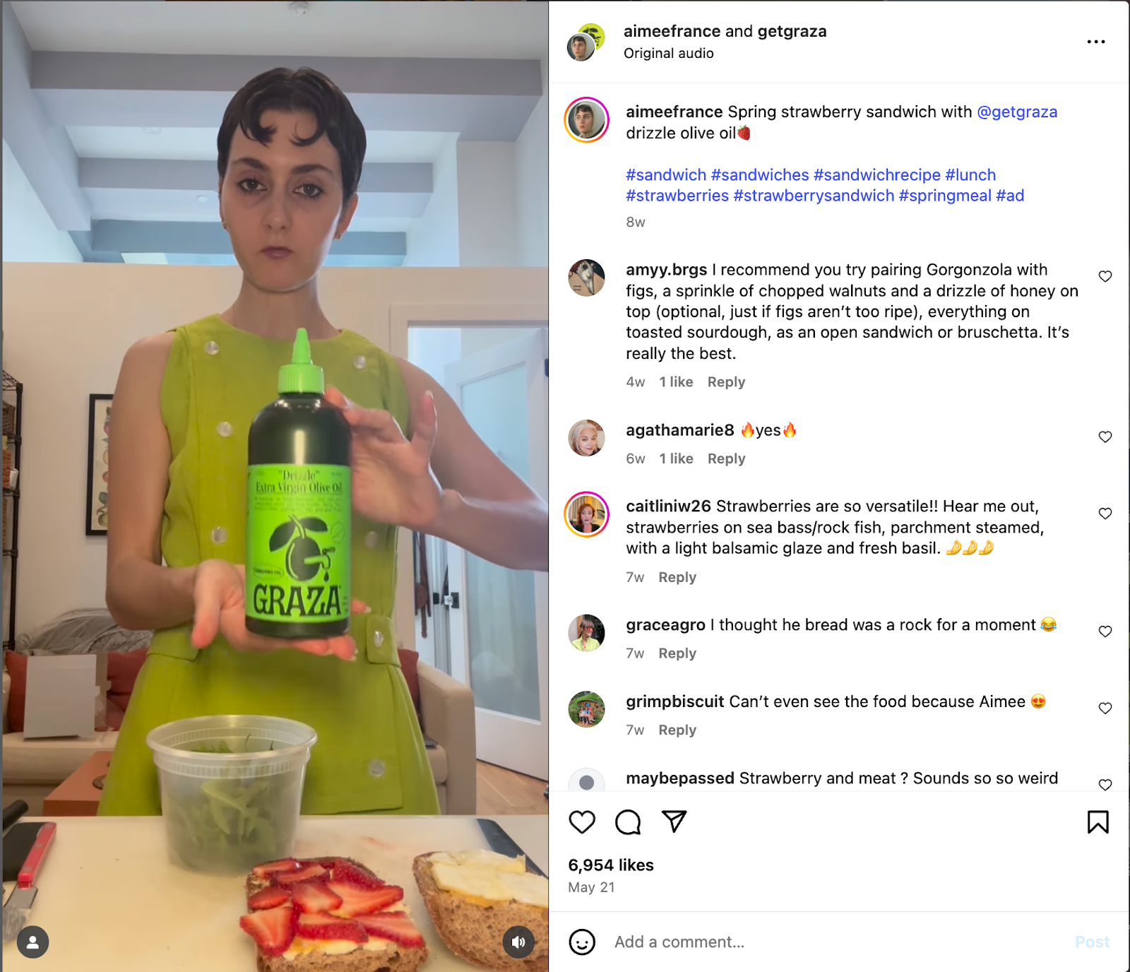 A creator holding a bottle of Graza olive oil in her kitchen, mid-recipe, preparing a strawberry sandwich as part of a brand collaboration with @getgraza.