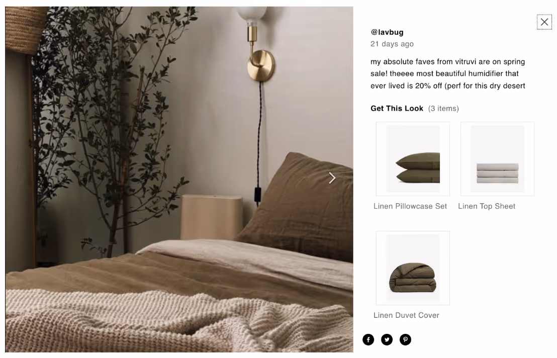Styled bedroom image featuring neutral-toned bedding and a nightstand, with a sidebar linking to shoppable items and a customer review.
