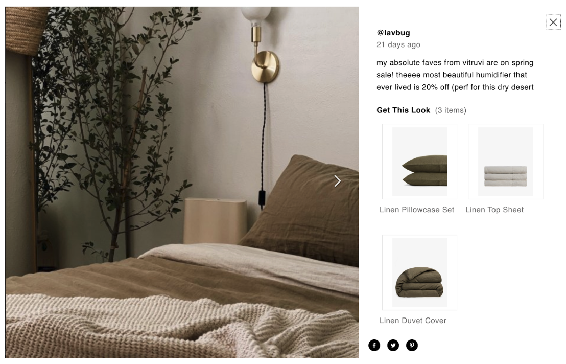 Styled bedroom image featuring neutral-toned bedding and a nightstand, with a sidebar linking to shoppable items and a customer review.
