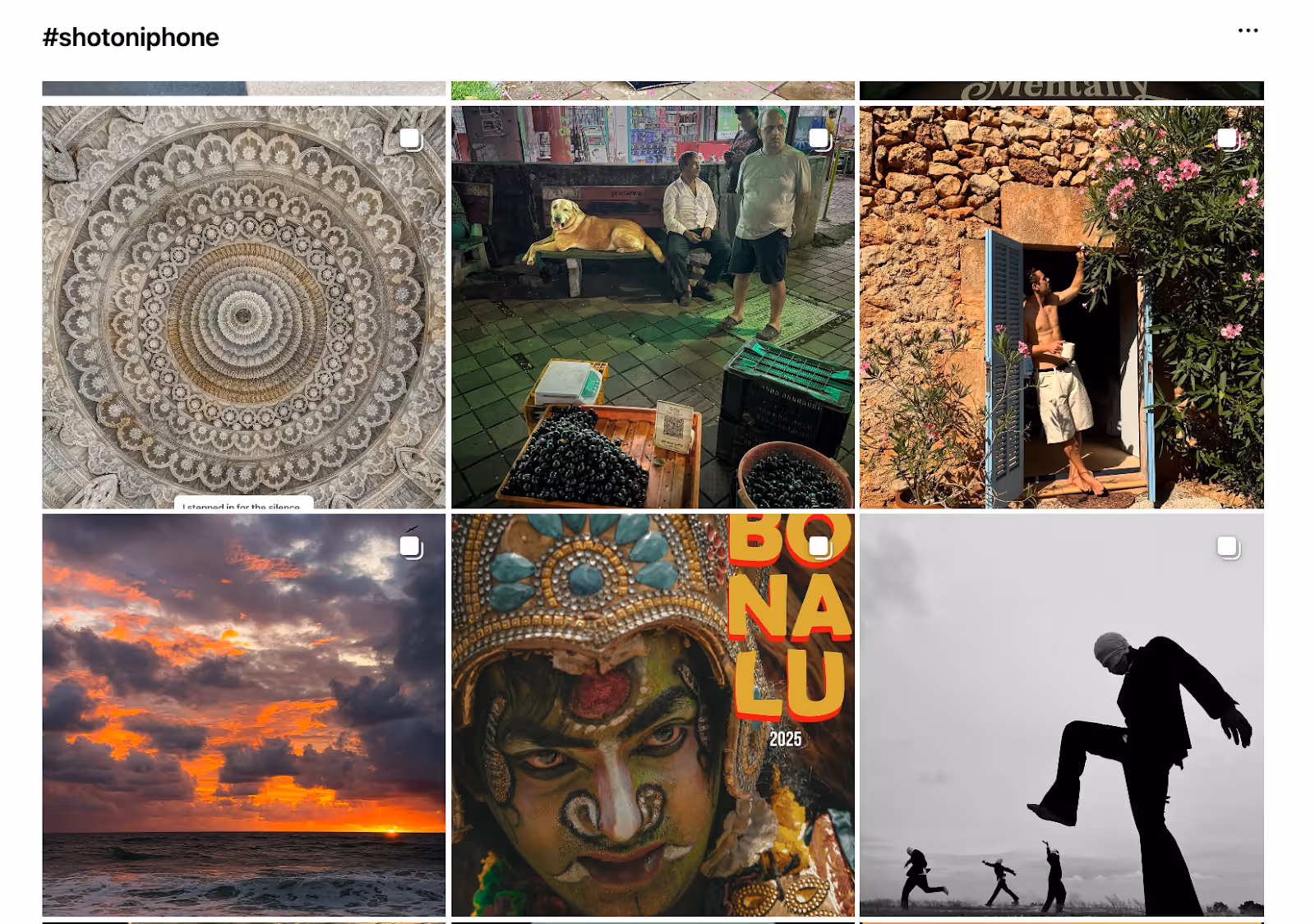 Instagram hashtag page for #shotoniphone showing a variety of user-submitted photos including portraits, nature shots, and creative photography.
