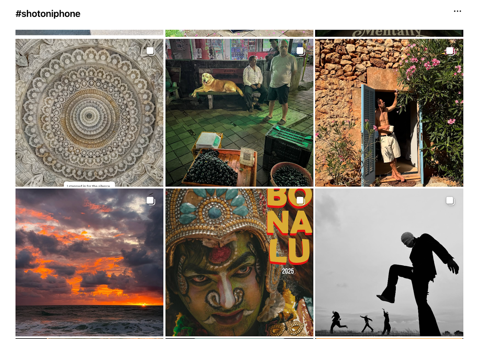 Instagram hashtag page for #shotoniphone showing a variety of user-submitted photos including portraits, nature shots, and creative photography.