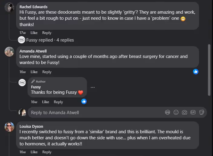 A Facebook comment thread with customers praising Fussy deodorant, including replies from the brand, sharing positive experiences and product feedback.