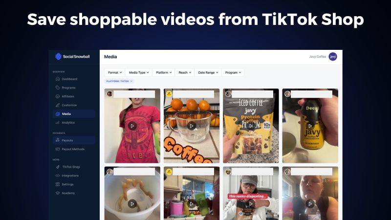 Screenshot from Social Snowball’s dashboard showing a media library of TikTok Shop UGC videos tagged to Javy Coffee, with filters for platform, media type, and performance.