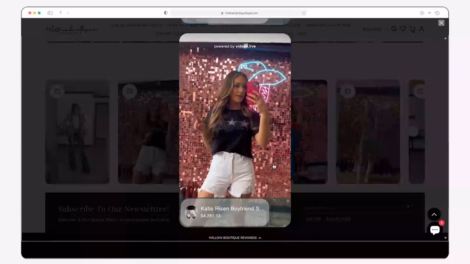 Video popup on an ecommerce site showing a woman modeling an outfit in a store, with shoppable overlay linking to the exact products she’s wearing.