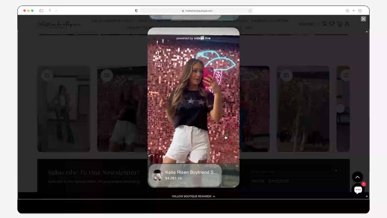 Video popup on an ecommerce site showing a woman modeling an outfit in a store, with shoppable overlay linking to the exact products she’s wearing.
