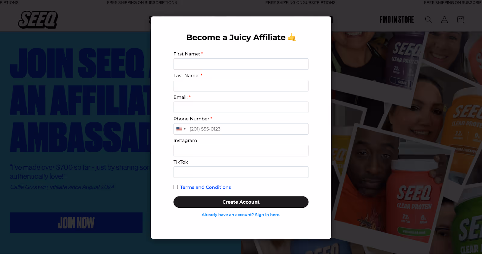 Seeq affiliate sign-up form, powered by Social Snowball