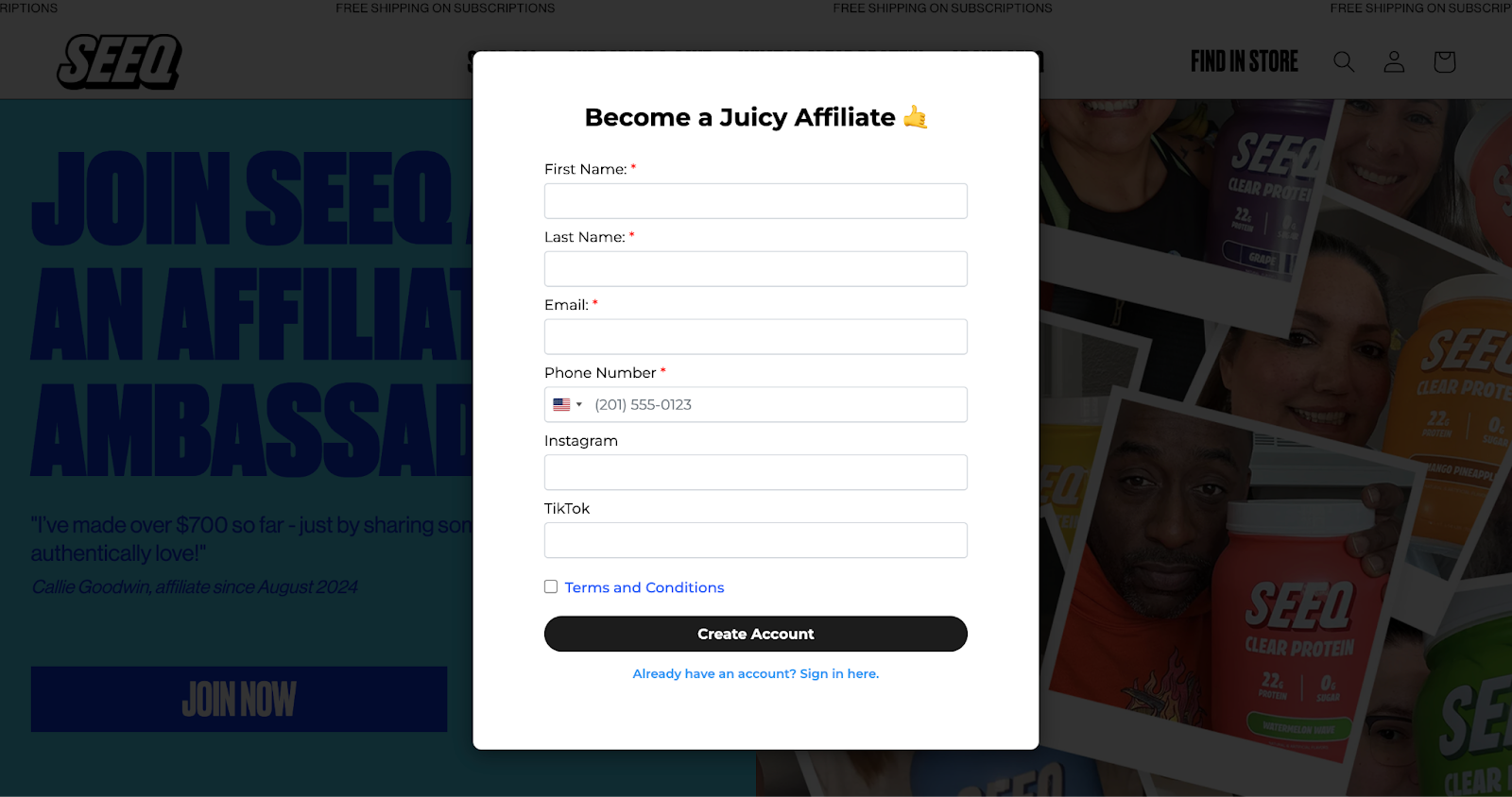 Seeq affiliate sign-up form, powered by Social Snowball