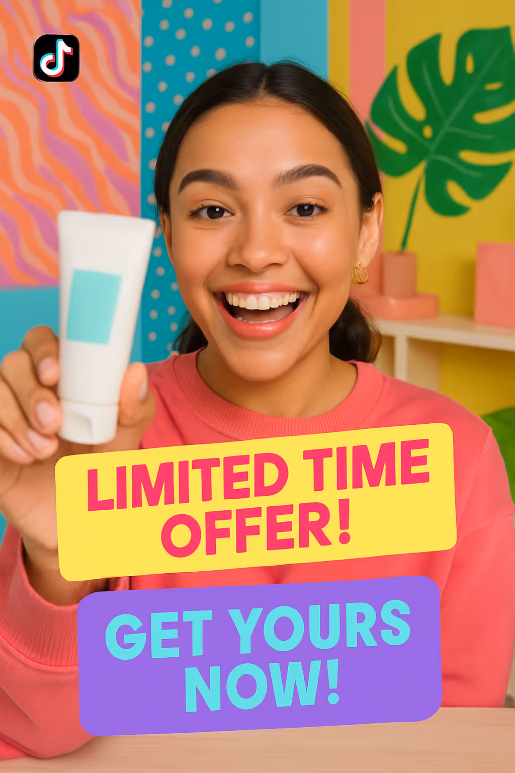 TikTok beauty creator demonstrating a skincare product with on-screen captions saying 'Limited time offer!' and 'Get yours now!' to create urgency.