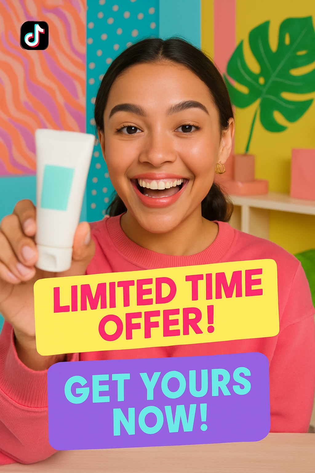 TikTok beauty creator demonstrating a skincare product with on-screen captions saying 'Limited time offer!' and 'Get yours now!' to create urgency.