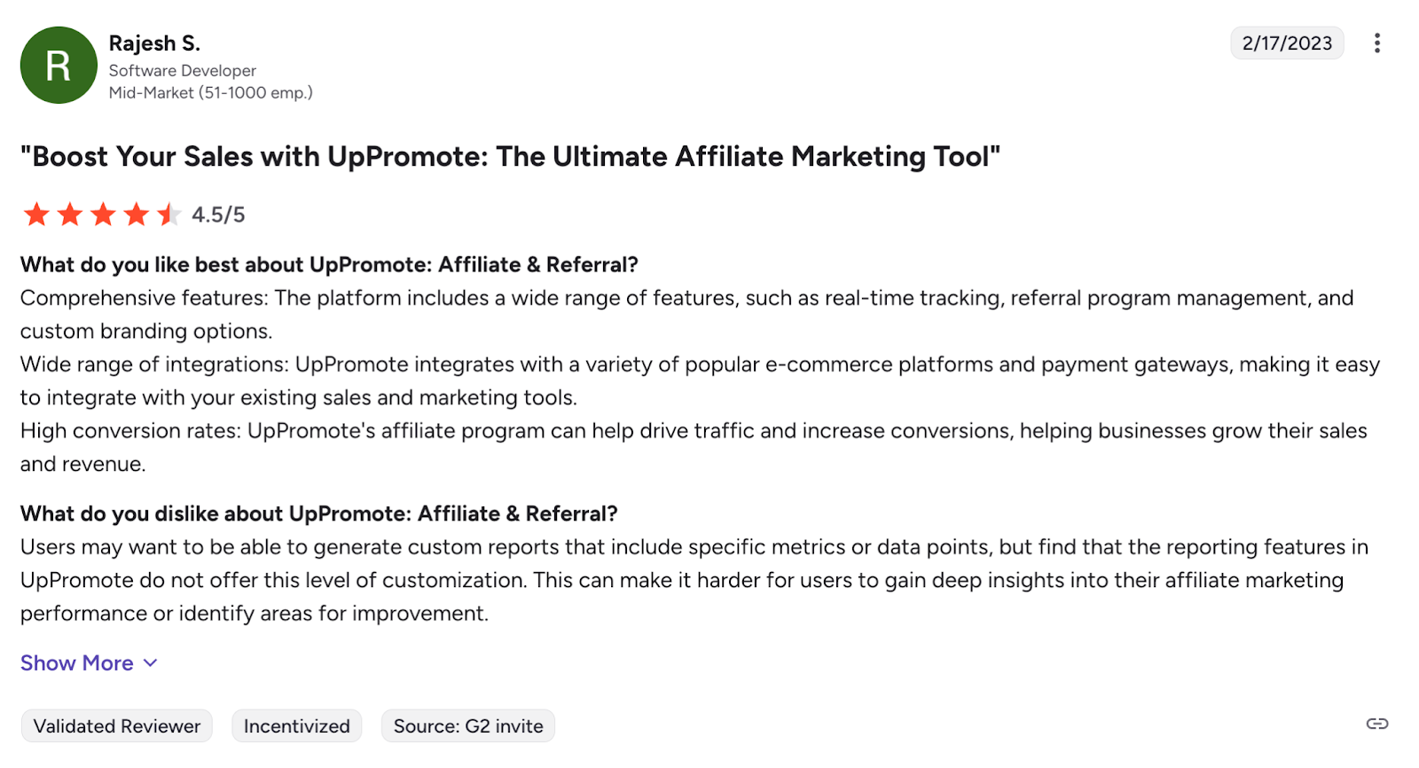 UpPromote review on G2