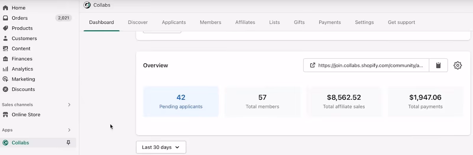 Best affiliate tracking software Shopify Collabs dashboard