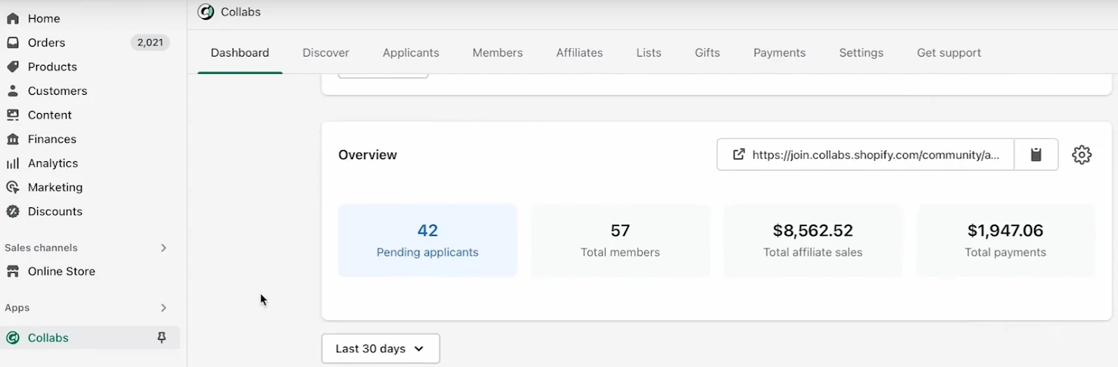 Best affiliate tracking software Shopify Collabs dashboard