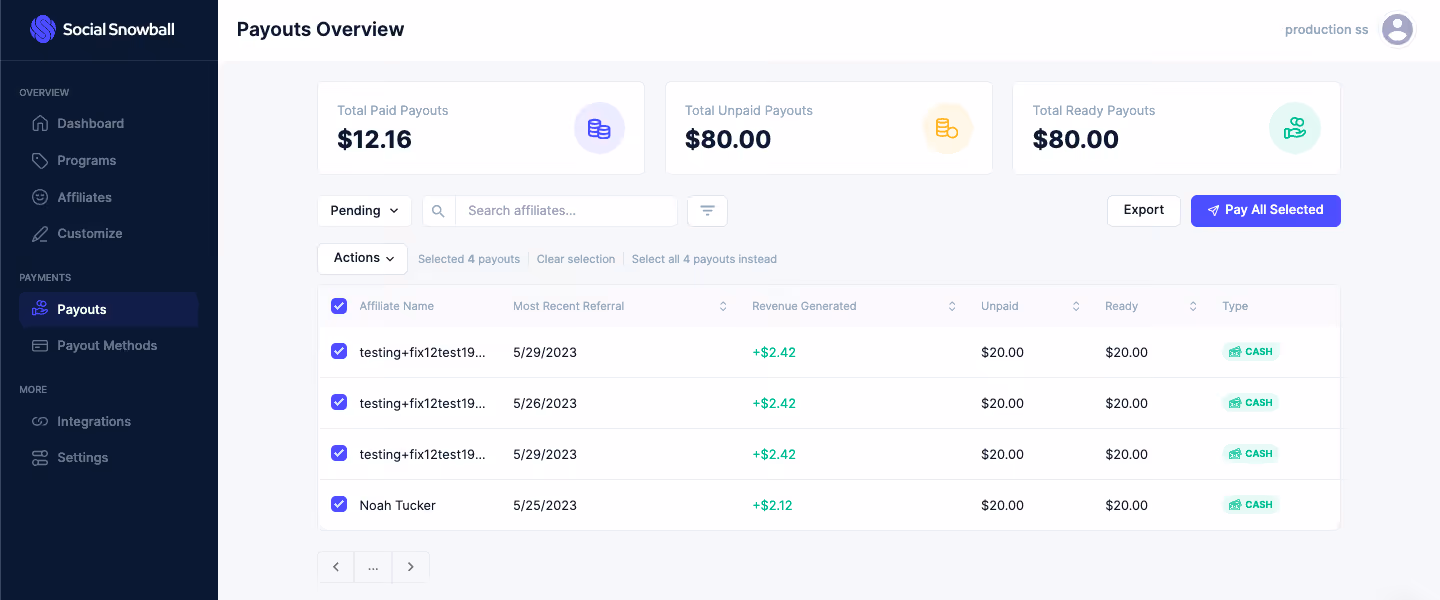 Social Snowball payouts overview dashboard showing paid, unpaid, and ready affiliate payouts with bulk payment option.