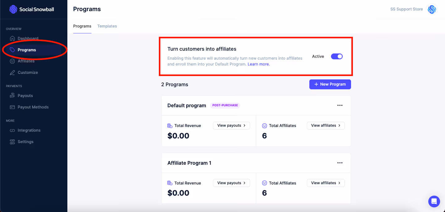 Screenshot of Social Snowball dashboard showing the “Turn customers into affiliates” automation toggle under the Programs section.