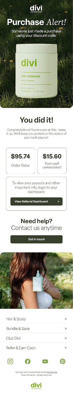 Referral dashboard confirmation showing order value, commission earned, and a button to view payout details.