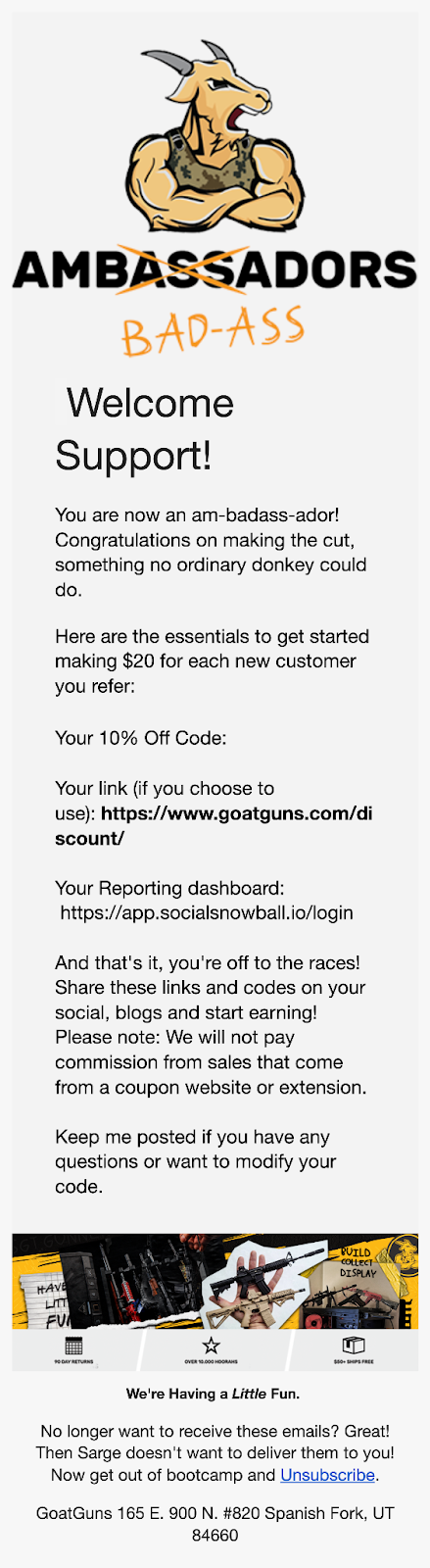 Goat Guns affiliate onboarding email showing unique referral link, discount code, and reporting dashboard access.