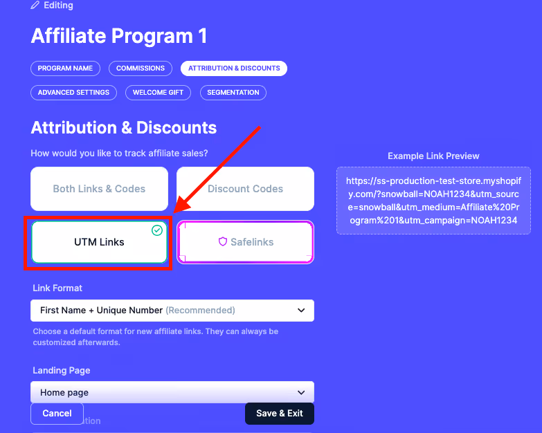 Screenshot of Social Snowball’s dashboard showing UTM link setup and Safelink tracking options for affiliate programs.