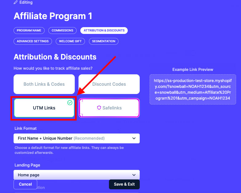 Screenshot of Social Snowball’s dashboard showing UTM link setup and Safelink tracking options for affiliate programs.