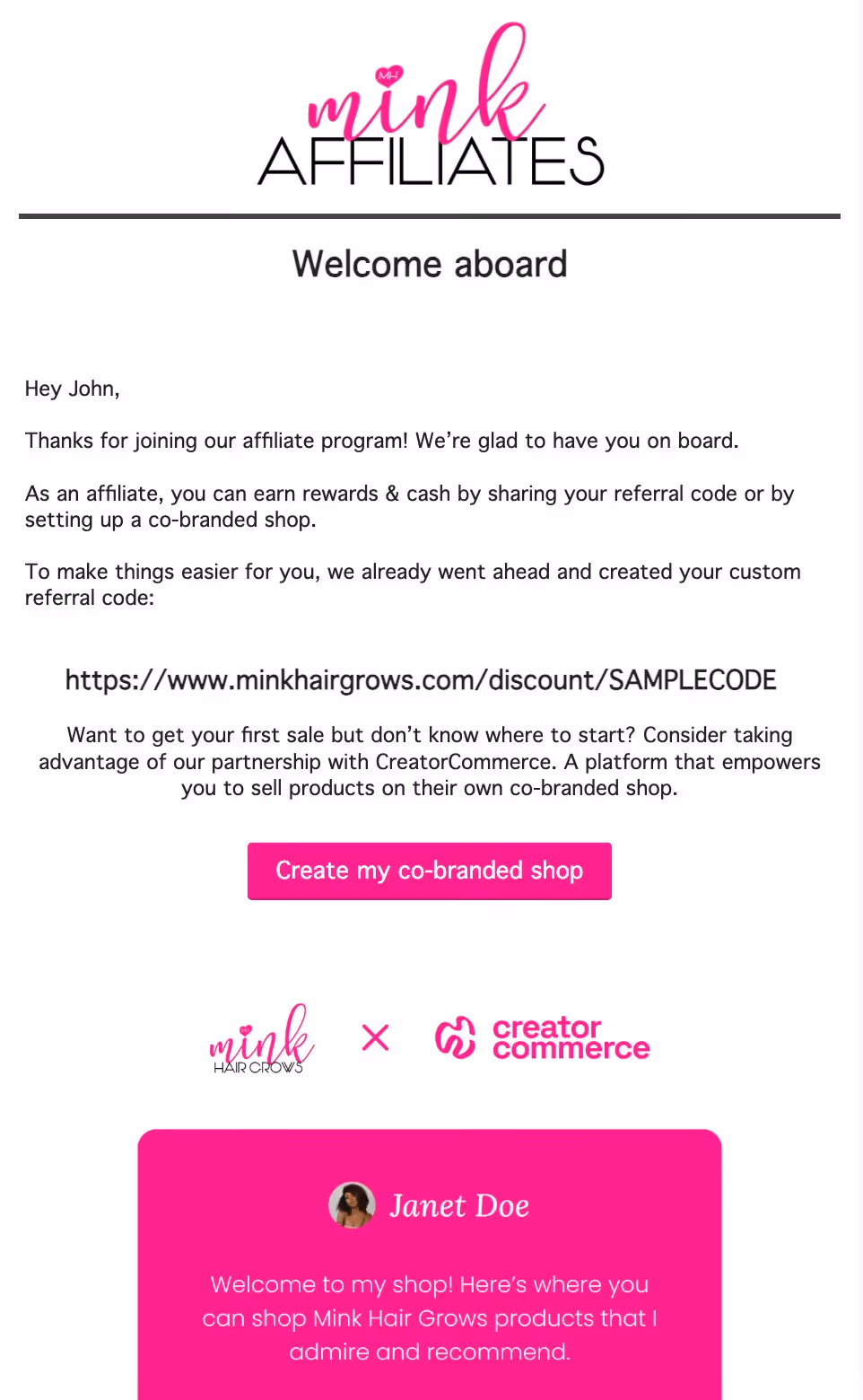 Mink Hair Grows affiliate welcome email with a custom referral code and setup instructions for new affiliates.