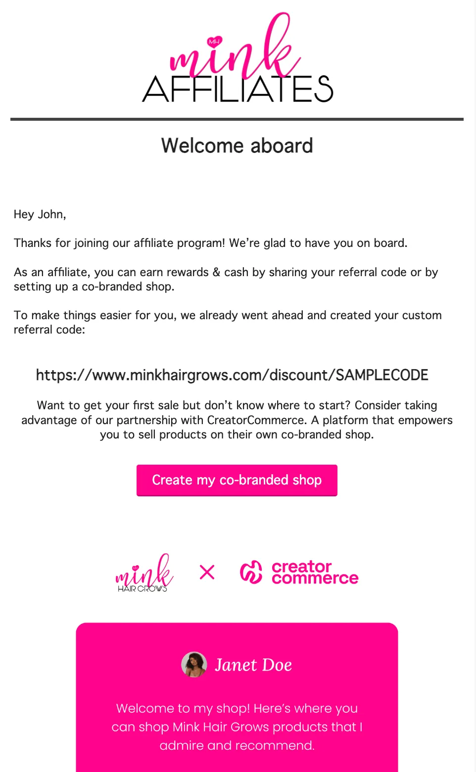 Mink Hair Grows affiliate welcome email with a custom referral code and setup instructions for new affiliates.