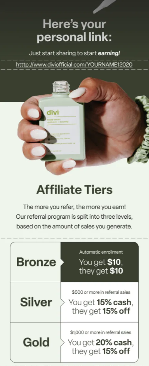 Example of Divi affiliate link and tiered referral rewards showing Bronze, Silver, and Gold commission levels.