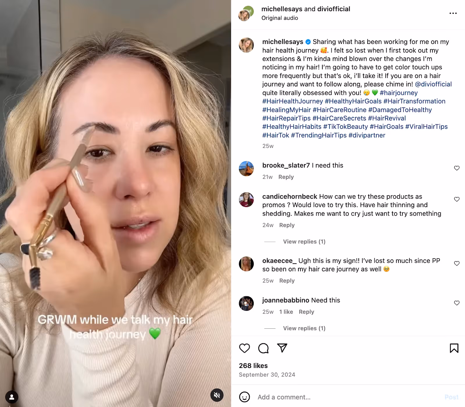 Instagram creator sharing a GRWM video demonstrating Divi haircare products as part of an affiliate partnership.