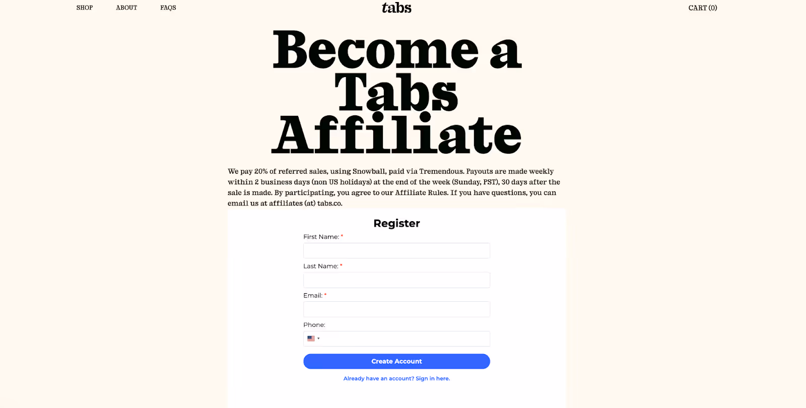 Screenshot of Tabs Chocolate affiliate registration page showing program details and signup form built with Social Snowball.