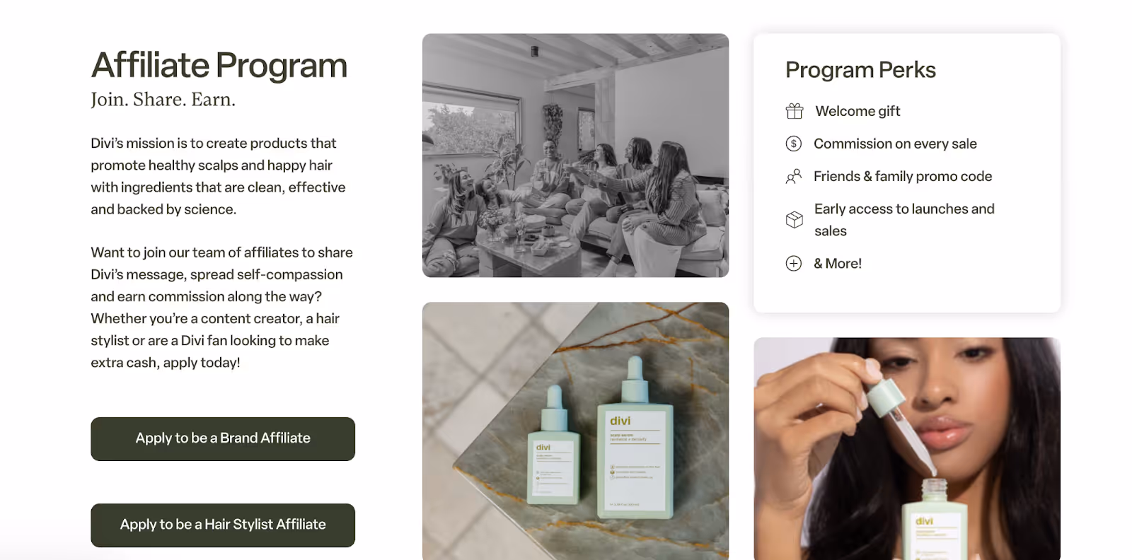 Divi haircare affiliate program landing page displaying application options, program perks, and lifestyle product visuals.