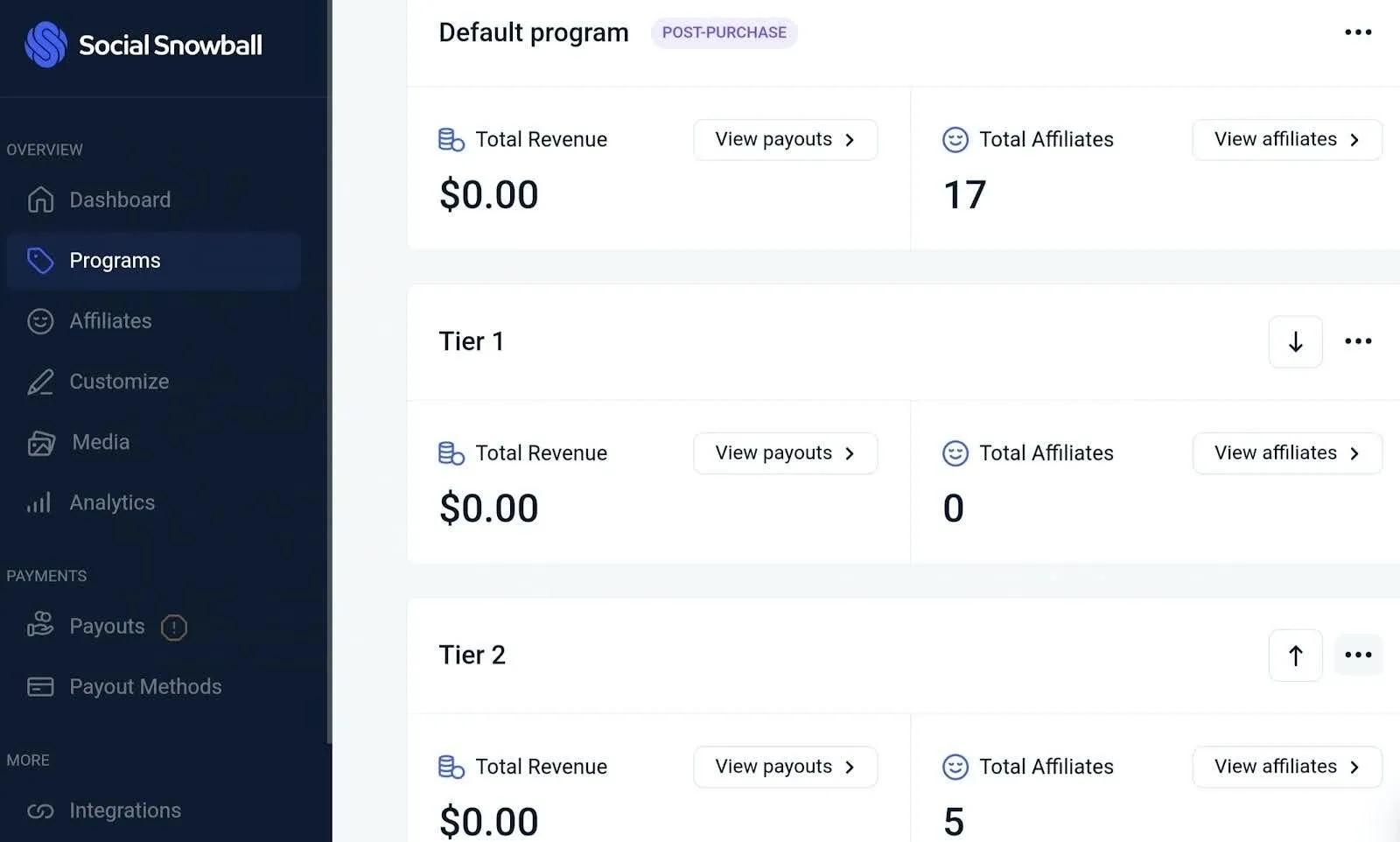 Social Snowball affiliate program dashboard displaying revenue, payout tiers, and total affiliates.