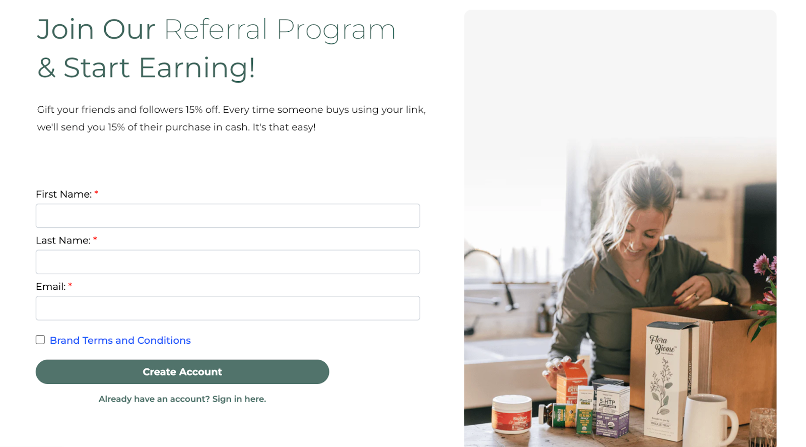 Sign-up form for Triquetra Health's referral program offering 15% cash rewards for referred purchases, featuring a woman unpacking wellness products.