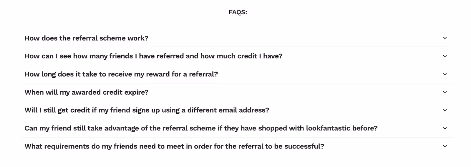 Referral program FAQ section listing common questions about earning and tracking referral credits.