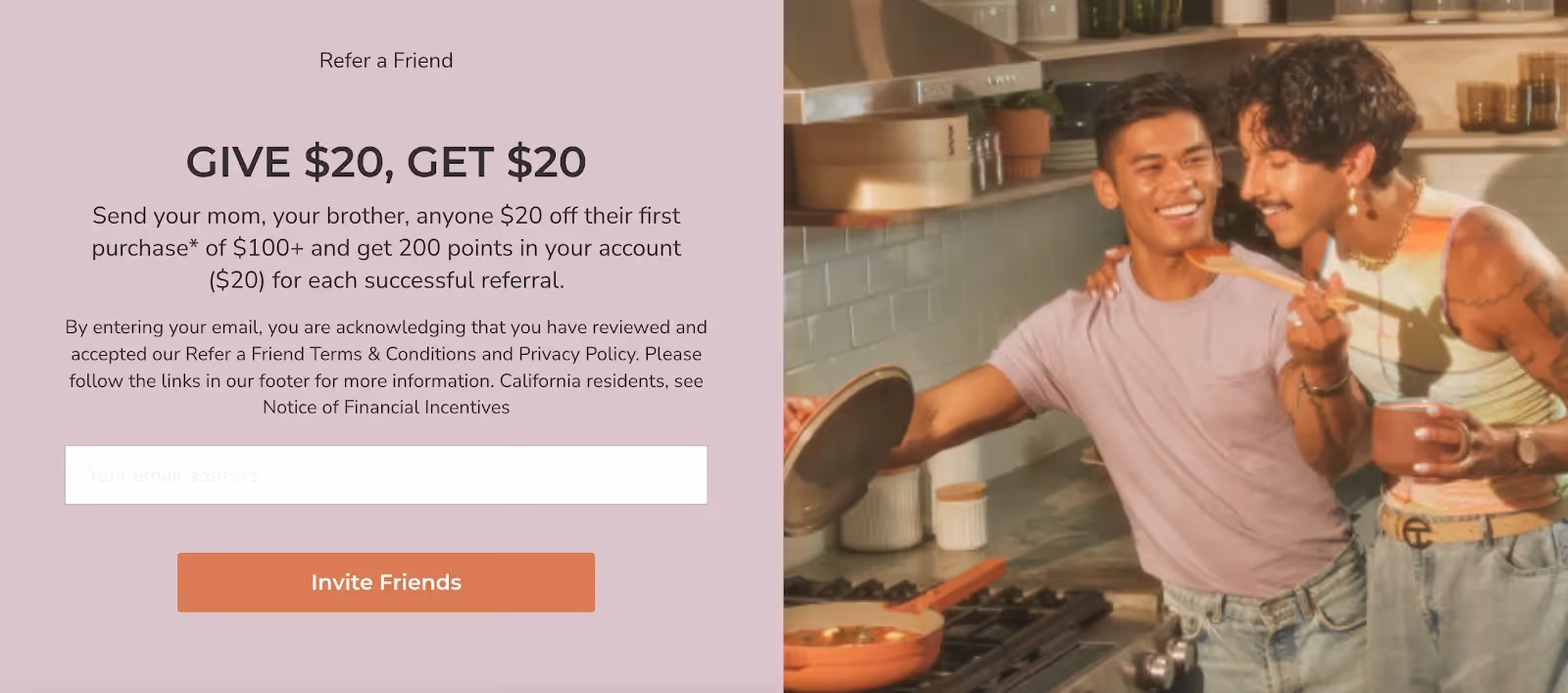 Referral program promotion offering “Give $20, Get $20” with an email invite form and two friends cooking together in a kitchen.