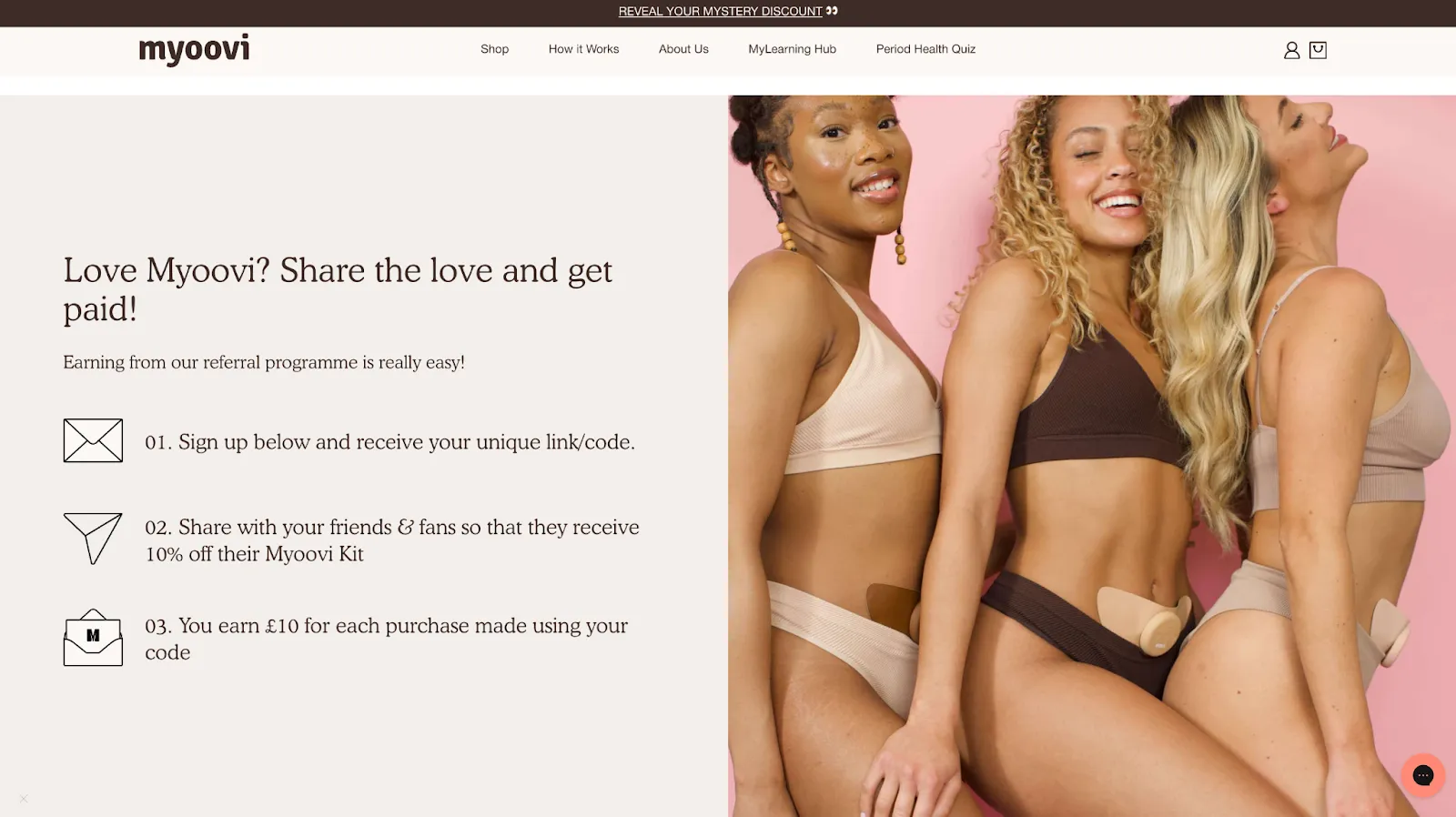 MyOovi referral program page showing steps to share a discount code and earn rewards, alongside models showcasing the product.